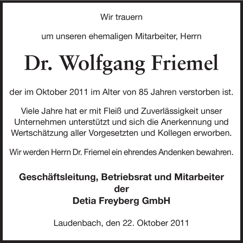  Traueranzeige für Wolfgang Friemel vom 22.10.2011 aus Starkenburger Echo