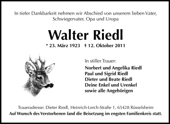 Traueranzeige von Walter Riedl von Rüsselsheimer Echo, Groß-Gerauer-Echo, Ried Echo