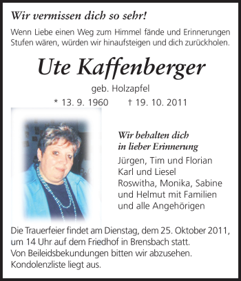 Traueranzeige von Ute Kaffenberger von Odenwälder Echo