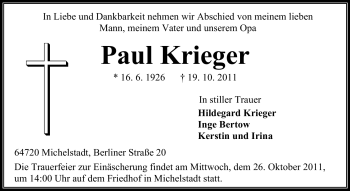 Traueranzeige von Paul Krieger von Odenwälder Echo