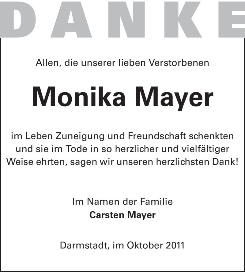  Traueranzeige für Monika Mayer vom 22.10.2011 aus Echo-Zeitungen (Gesamtausgabe)