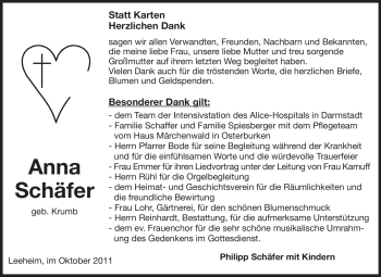 Traueranzeige von Anna Schäfer von Rüsselsheimer Echo, Groß-Gerauer-Echo, Ried Echo