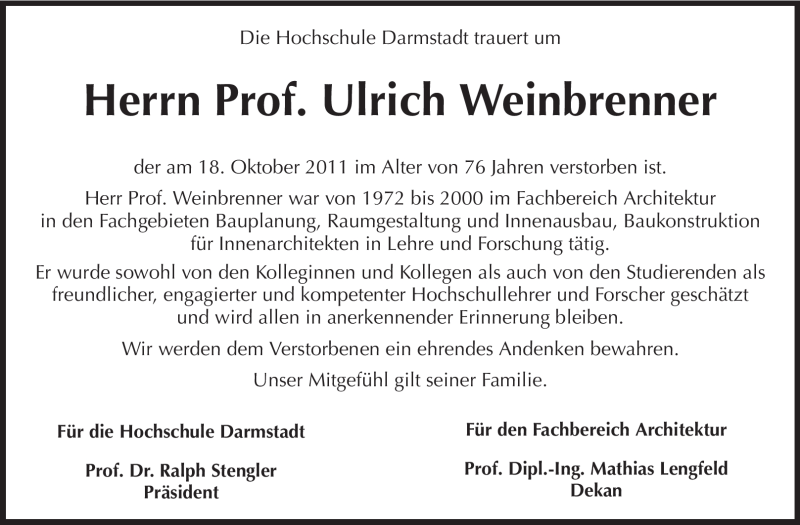  Traueranzeige für Ulrich Weinbrenner vom 22.10.2011 aus Echo-Zeitungen (Gesamtausgabe)
