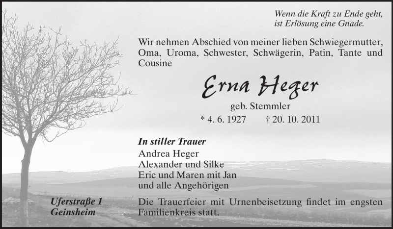  Traueranzeige für Erna Heger vom 24.10.2011 aus Rüsselsheimer Echo, Groß-Gerauer-Echo, Ried Echo