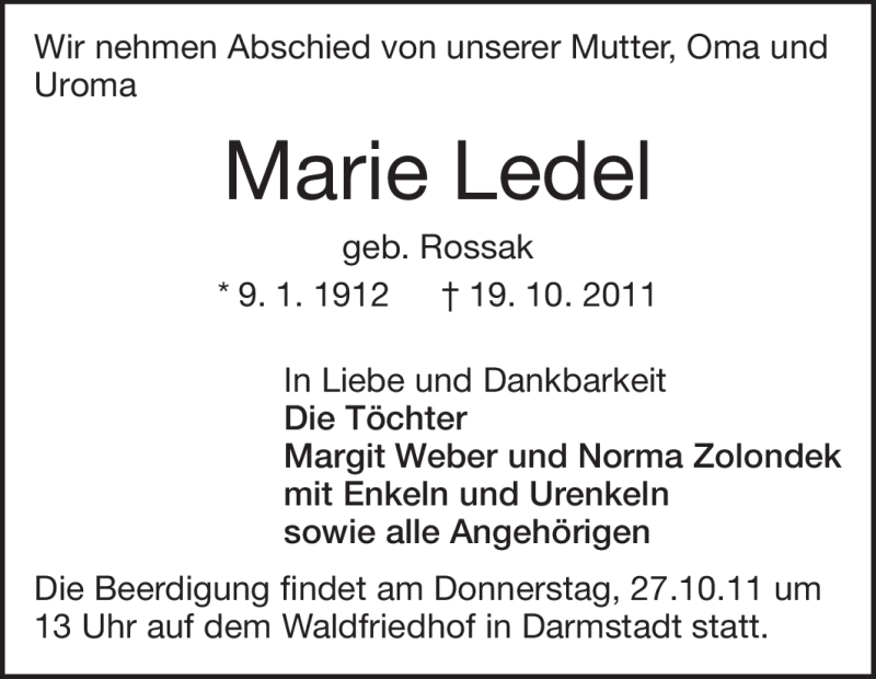  Traueranzeige für Marie Leder vom 22.10.2011 aus Darmstädter Echo, Odenwälder Echo, Rüsselsheimer Echo, Groß-Gerauer-Echo, Ried Echo