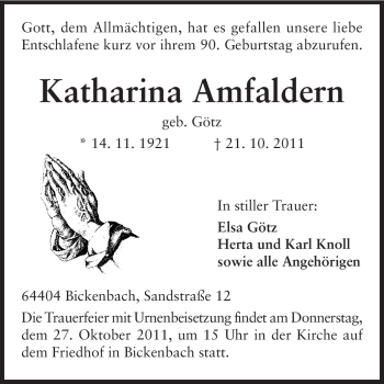 Traueranzeige von Katharina Amfaldern von Echo-Zeitungen (Gesamtausgabe)