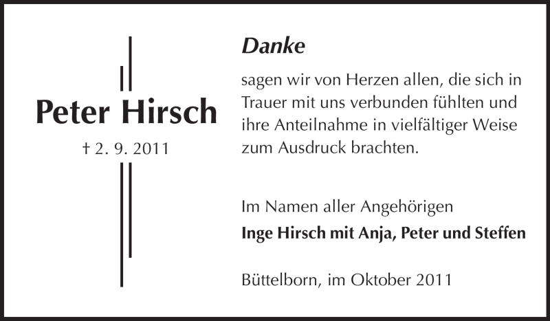 Traueranzeige für Peter Hirsch vom 25.10.2011 aus Rüsselsheimer Echo, Groß-Gerauer-Echo, Ried Echo
