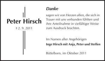 Traueranzeige von Peter Hirsch von Rüsselsheimer Echo, Groß-Gerauer-Echo, Ried Echo