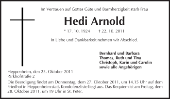 Traueranzeige von Hedi Arnold von Starkenburger Echo