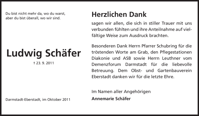 Traueranzeige für Ludwig Schäfer vom 26.10.2011 aus Echo-Zeitungen (Gesamtausgabe)