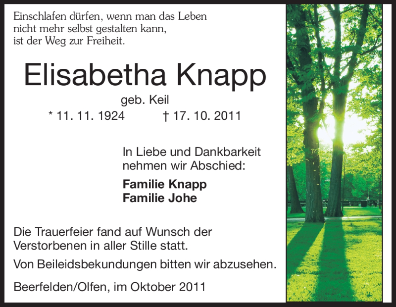  Traueranzeige für Elisabeth Knapp vom 26.10.2011 aus Odenwälder Echo