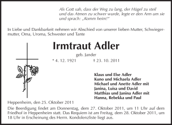 Traueranzeige von Irmtraut Adler von Starkenburger Echo