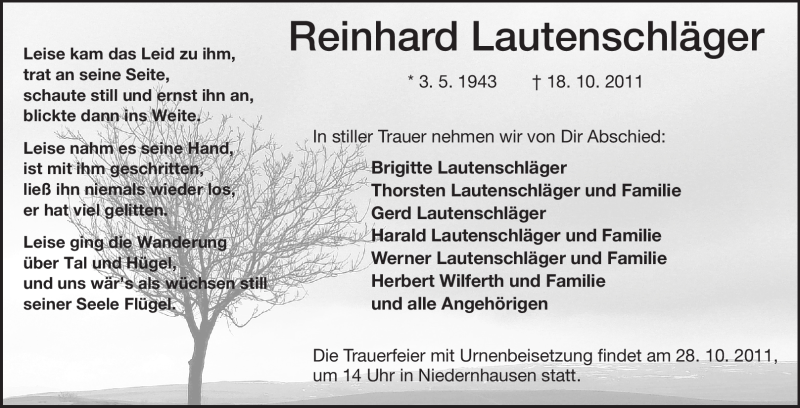  Traueranzeige für Reinhard Lauetnschläger vom 25.10.2011 aus Echo-Zeitungen (Gesamtausgabe)