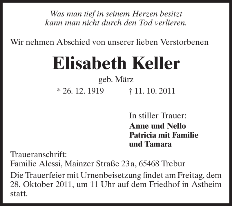  Traueranzeige für Elisabeth Keller vom 25.10.2011 aus Rüsselsheimer Echo, Groß-Gerauer-Echo, Ried Echo