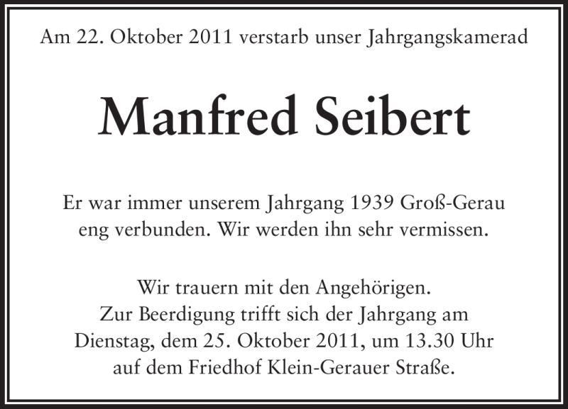  Traueranzeige für Manfred Seibert vom 25.10.2011 aus Rüsselsheimer Echo, Groß-Gerauer-Echo, Ried Echo