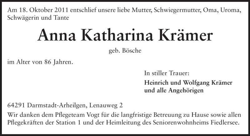  Traueranzeige für Anna Katharina Krämer vom 27.10.2011 aus Echo-Zeitungen (Gesamtausgabe)