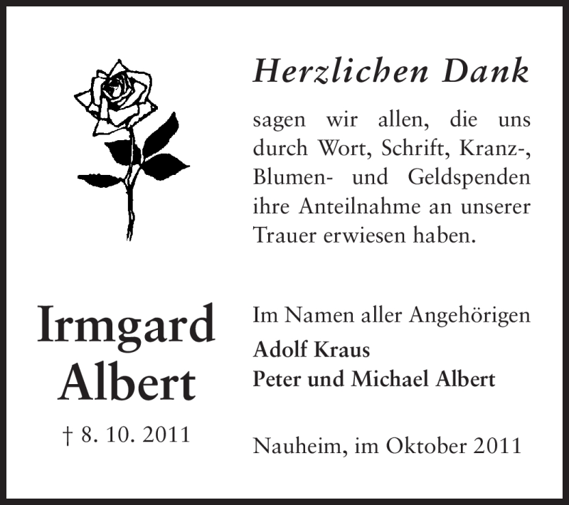  Traueranzeige für Irmgard Albert vom 26.10.2011 aus Rüsselsheimer Echo, Groß-Gerauer-Echo, Ried Echo
