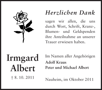 Traueranzeige von Irmgard Albert von Rüsselsheimer Echo, Groß-Gerauer-Echo, Ried Echo