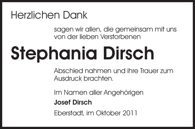  Traueranzeige für Stefania Dirsch vom 29.10.2011 aus Darmstädter Echo, Odenwälder Echo, Rüsselsheimer Echo, Groß-Gerauer-Echo, Ried Echo