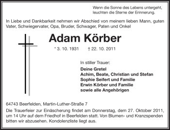 Traueranzeige von Adam Körber von Odenwälder Echo