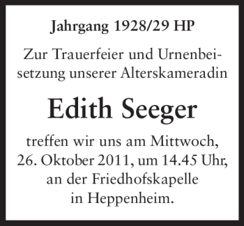 Traueranzeige von Edith Seeger von Starkenburger Echo
