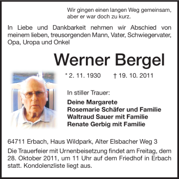 Traueranzeige von Werner Bergel von Odenwälder Echo