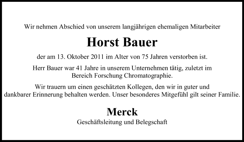  Traueranzeige für Horst Bauer vom 25.10.2011 aus Echo-Zeitungen (Gesamtausgabe)