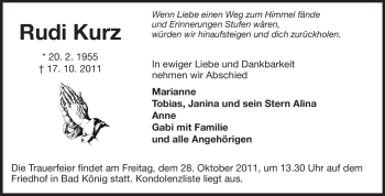 Traueranzeige von Rudi Kurz von Odenwälder Echo