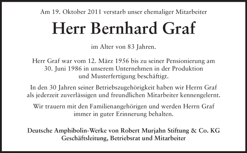  Traueranzeige für Rudolf Bernhard Graf vom 26.10.2011 aus Echo-Zeitungen (Gesamtausgabe)