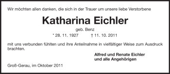 Traueranzeige von Katharina Eichler von Rüsselsheimer Echo, Groß-Gerauer-Echo, Ried Echo