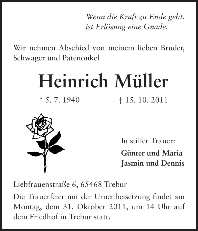  Traueranzeige für Heinrich Müller vom 26.10.2011 aus Rüsselsheimer Echo, Groß-Gerauer-Echo, Ried Echo