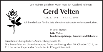 Traueranzeige von Gerd Velten von Rüsselsheimer Echo, Groß-Gerauer-Echo, Ried Echo