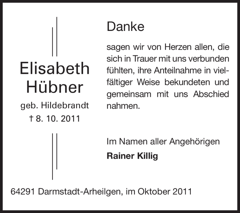  Traueranzeige für Elisabeth Hübner vom 26.10.2011 aus Echo-Zeitungen (Gesamtausgabe)