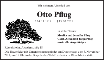 Traueranzeige von Otto Pflug von Rüsselsheimer Echo, Groß-Gerauer-Echo, Ried Echo