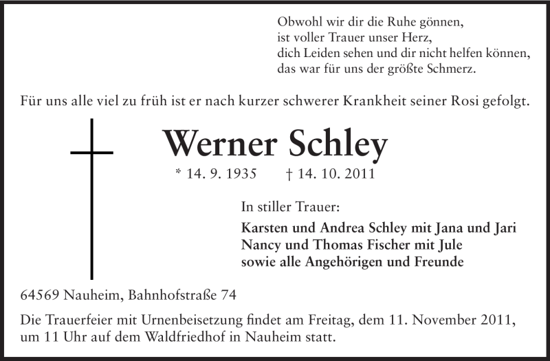  Traueranzeige für Werner Schley vom 05.11.2011 aus Rüsselsheimer Echo, Groß-Gerauer-Echo, Ried Echo