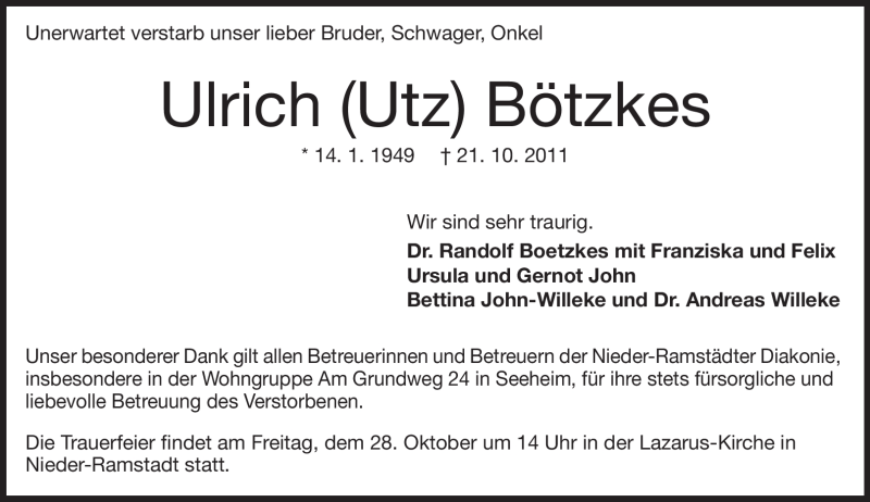  Traueranzeige für Ulrich Bötzkes vom 26.10.2011 aus Echo-Zeitungen (Gesamtausgabe)