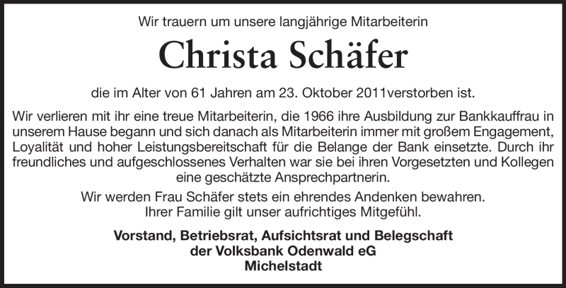  Traueranzeige für Christa Schäfer vom 27.10.2011 aus Odenwälder Echo