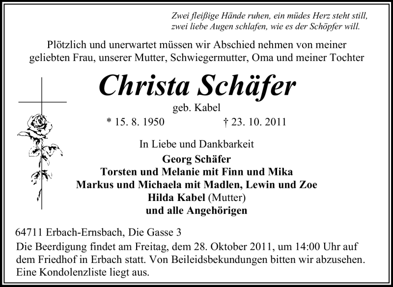  Traueranzeige für Christa Schäfer vom 26.10.2011 aus Echo-Zeitungen (Gesamtausgabe)