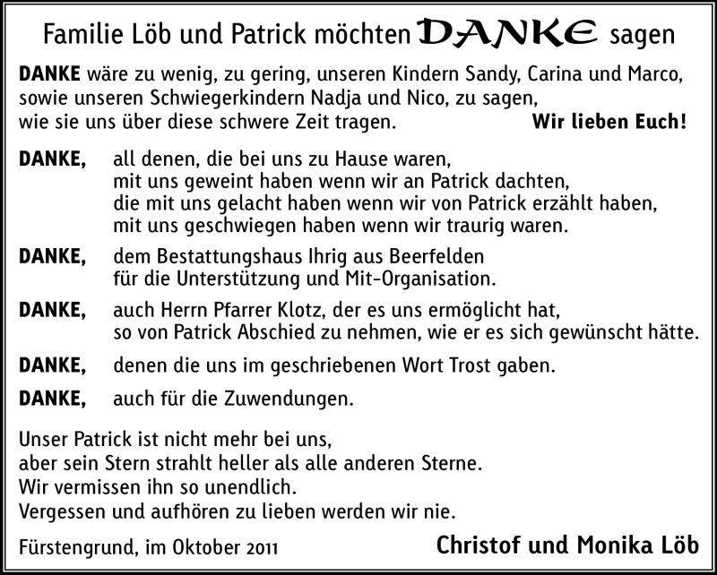  Traueranzeige für Patrick Löb vom 04.11.2011 aus Odenwälder Echo