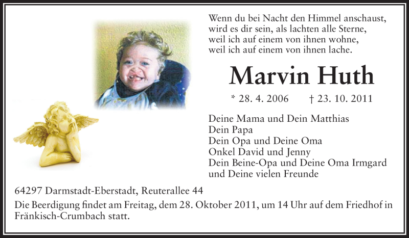  Traueranzeige für Marvin Huth vom 27.10.2011 aus Echo-Zeitungen (Gesamtausgabe)