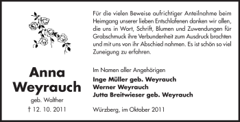 Traueranzeige von Anna Weyrauch von Odenwälder Echo