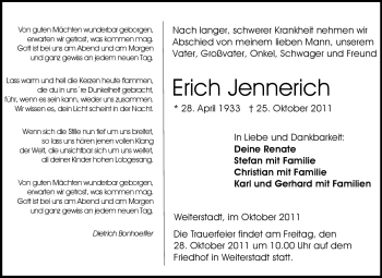 Traueranzeige von Erich Jennerich von Echo-Zeitungen (Gesamtausgabe)