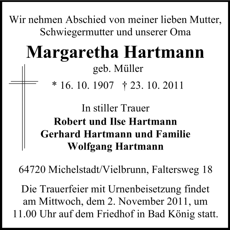  Traueranzeige für Margarethe Hartmann vom 28.10.2011 aus Odenwälder Echo