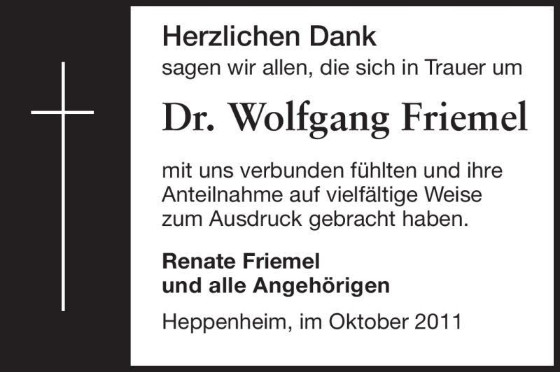  Traueranzeige für Wolfgang Friemel vom 29.10.2011 aus Starkenburger Echo