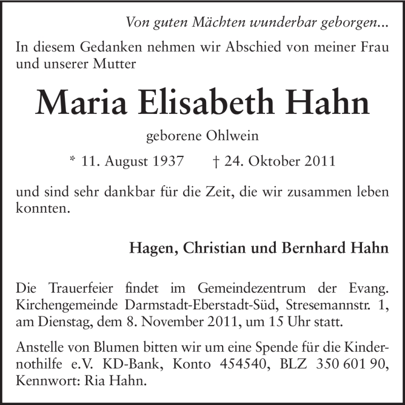  Traueranzeige für Maria Elisabeth Hahn vom 05.11.2011 aus Echo-Zeitungen (Gesamtausgabe)