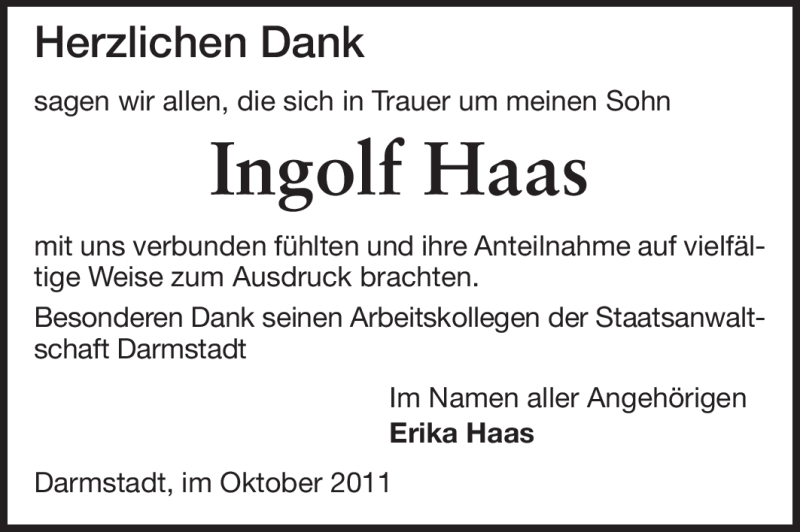  Traueranzeige für Ingolf Haas vom 29.10.2011 aus Echo-Zeitungen (Gesamtausgabe)
