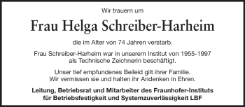 Traueranzeige von Helga Schreiber-Harheim von Echo-Zeitungen (Gesamtausgabe)