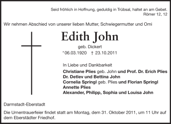 Traueranzeige von Edith John von Echo-Zeitungen (Gesamtausgabe)