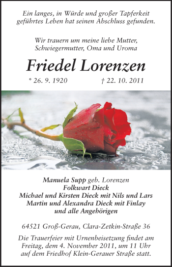 Traueranzeige von Friedel Lorenzen von Rüsselsheimer Echo, Groß-Gerauer-Echo, Ried Echo