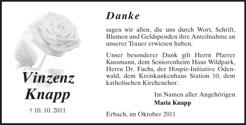 Traueranzeige für Vinzenz Knapp vom 29.10.2011 aus Odenwälder Echo